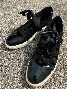 Vaneli Black Suede & Patent Ribbon-Lace Sneaker
